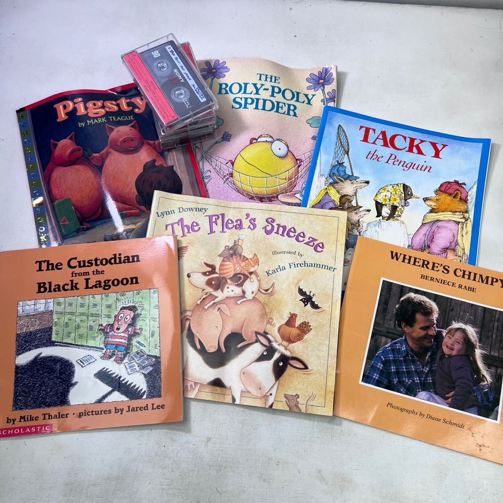 Vintage Childrens Books Lot Tacky the Penguin Pigsty Black Lagoon Sony Cassettes